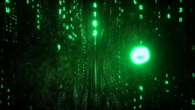 Luminous Green Code Showers Fill Shadowed Tunnel Creating Suspenseful Cyberpunk Atmosphere