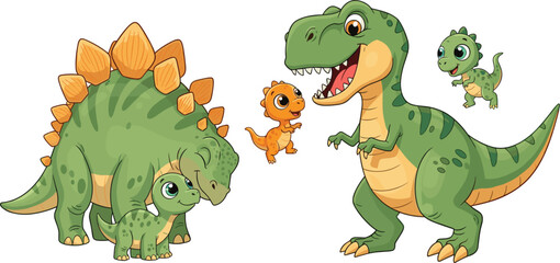 Cute Dinosaur Cartoon Set Featuring Stegosaurus, T Rex, and Baby Dinosaurs in Playful Character Illustration Style © MDRIFAT