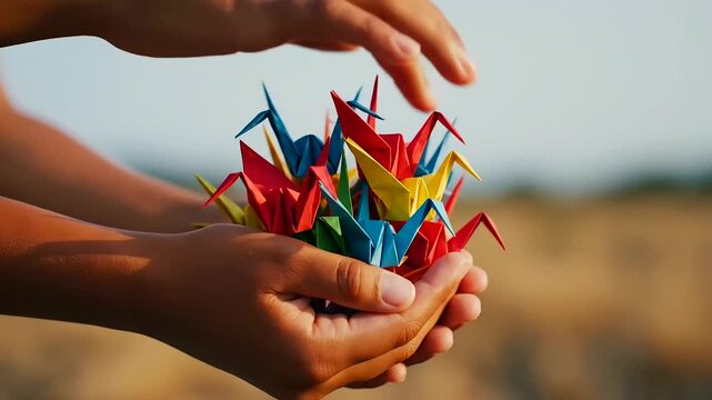 Caring hands delicately hold a cascade of multi-colored origami cranes, embodying aspirations for peace and unity on International Youth Day and honoring Indigenous Peoples Day traditions.