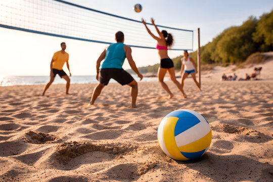 Beach volleyball game at sunset with players jumping at net and ball in foreground on sand