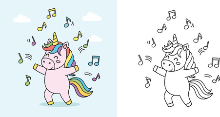 Fototapeta premium Cute Cartoon Dancing Unicorn with Musical Notes, Happy Magical Creature Listening to Music, Includes Color and Line Art Outline for Coloring Book Page for Kids Activity