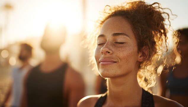 A serene individual enjoys a moment of mindfulness, basking in sunlight with eyes closed, promoting a sense of tranquility and self-reflection.