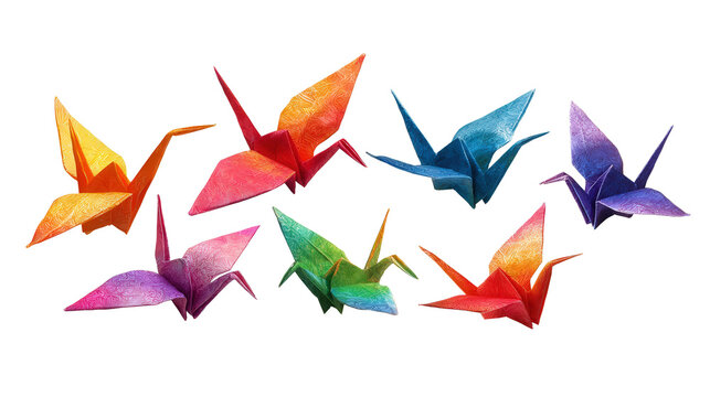 Colorful origami birds in mid-flight pose background isolated on a Transparent background, PNG file.