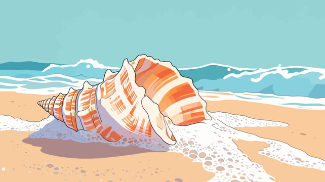 Seashell rests on sandy beach with gentle waves in the background during sunny day