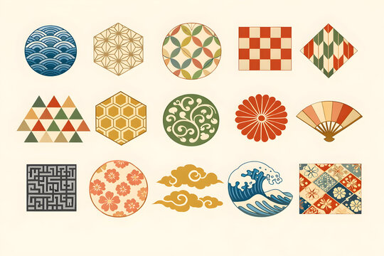 Japanese Traditional Pattern Icon Collection &ndash; Seigaiha, Asanoha, Sakura and Wave Motif Set
