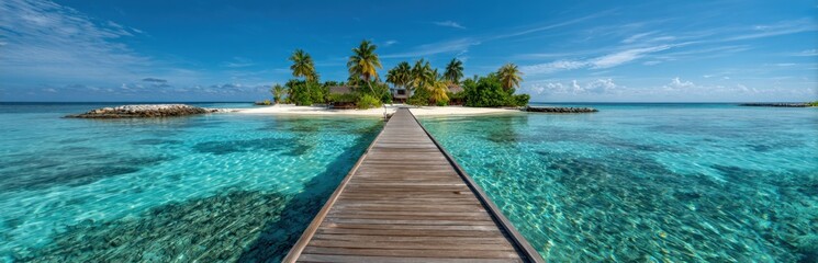Obraz premium A serene tropical island featuring a wooden pier leading into crystal-clear turquoise waters under a bright blue sky.