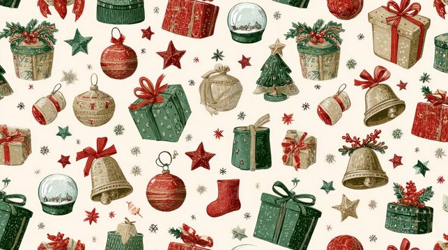 Festive holiday pattern gifts ornaments and decorations on cream background