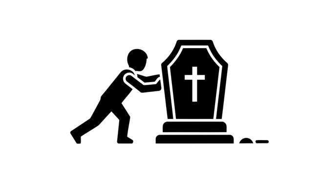 A person is pushing a tombstone with a cross on it.
