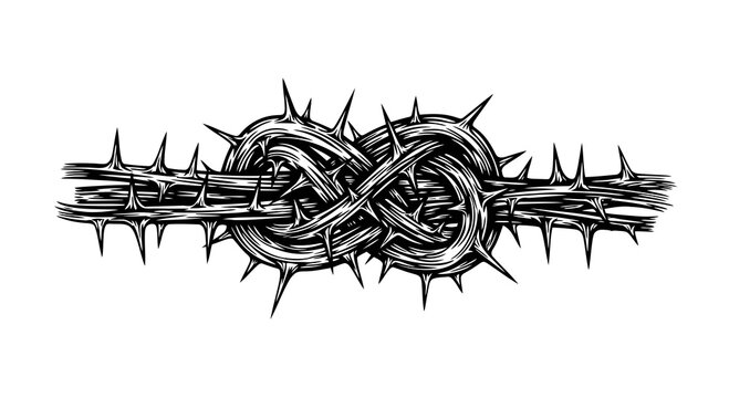 A black and white image of a chain entwined with thorns and a knot.