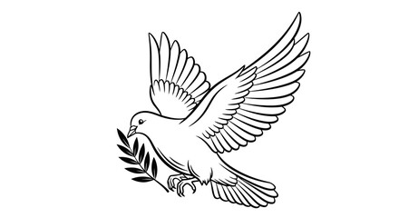 Fototapeta premium A simple black and white drawing of a dove flying with an olive branch.