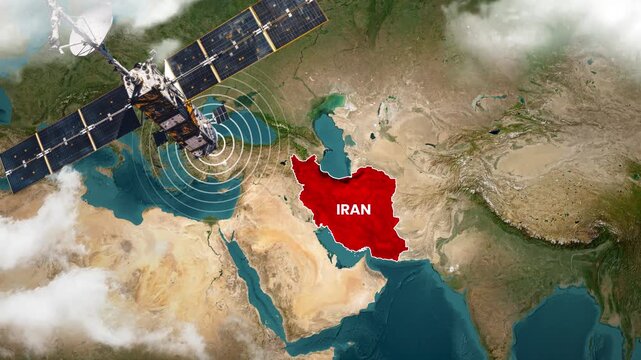 Satellite surveillance footage monitoring communication signals over the Iran map