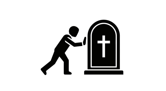 A person pushing a tombstone with a cross on it, symbolizing grief and loss.