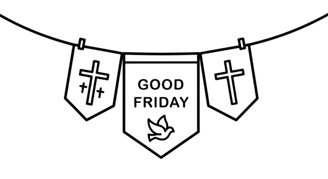 Good friday banner with three flags hanging on a string with cross symbols and a dove.