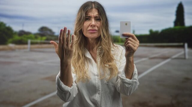 Woman holding creditcard, open palm gesture and distressed expression on street; frustration financial problem.