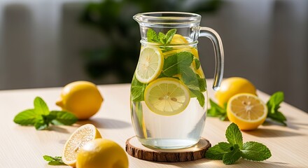 Fototapeta premium Refreshing lemonade with lemons and mint.