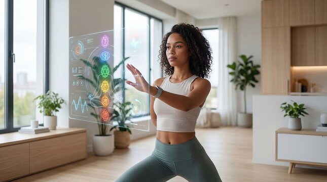 Young woman practicing yoga at home with futuristic holographic interface showing chakra points and health biometrics, digital wellness and mindfulness technology, modern lifestyle