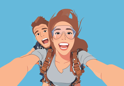 Two people smiling during a fun adventure in the sky while parachuting over a clear blue background during a sunny day