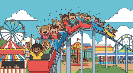 Children Riding Roller Coaster at Amusement Park. © Choirul