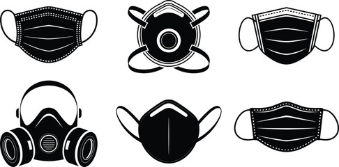 Protective face masks and respirators vector set, medical safety equipment icons healthcare illustration