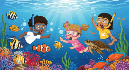 Naklejka premium Children Snorkeling Underwater with Marine Life.