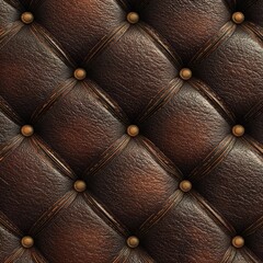 Fototapeta premium The image is a close-up, top-down view of a tufted leather upholstery. The leather is a rich, dark brown with visible texture and a slight sheen, indicating a worn or aged appearance