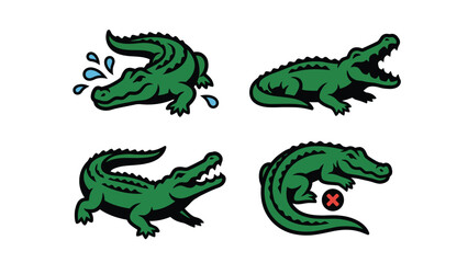 Fototapeta premium Dynamic Green Crocodile Illustrations: Swimming, Roaring, and Warning Vector Set