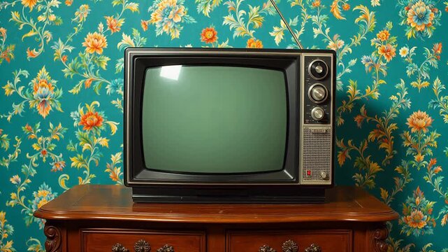 Vintage television on wooden cabinet