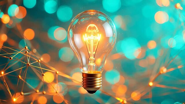 Light bulb with glowing filament and bokeh background