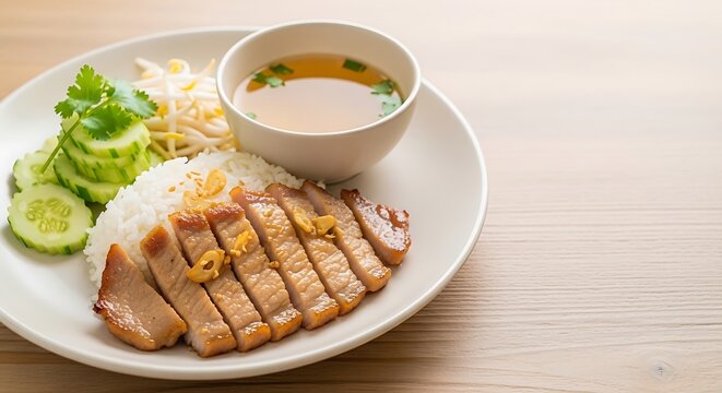 A shallow off-white ceramic plate with bai sach chrouk &mdash; thin slices of lightly caramelized and golden grilled pork marinated in soy sauce and garlic