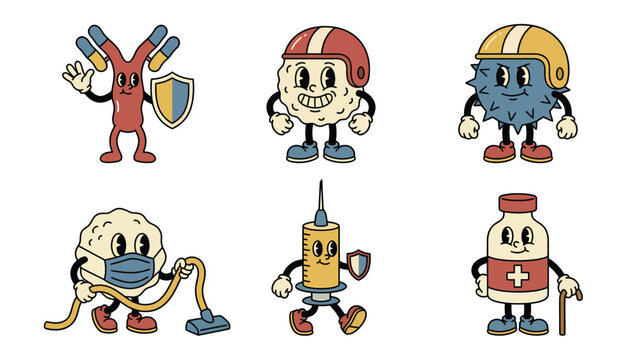 Retro Cartoon Immune System & Health Mascots. Vintage Characters: Antibodies, White Blood Cells, Viruses, Syringe, Vaccine.