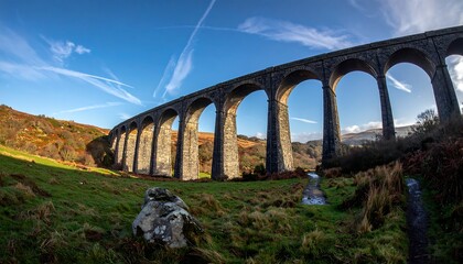 Fototapeta premium A long, arched stone bridge spans a green valley under a blue sky