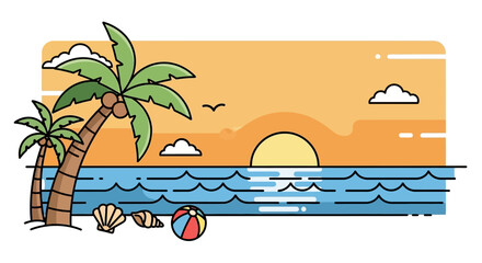 Palm Trees Beach Ball Beach Scene Cartoon.