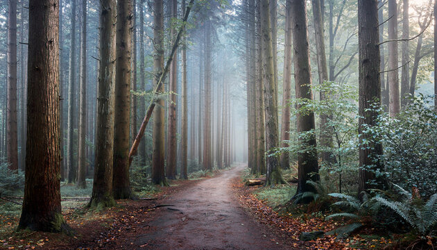 A serene dirt path winding through a dense, misty forest with tall trees and fallen leaves, creating a tranquil natural scene.