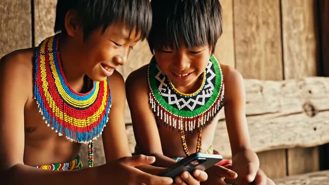 scene of indigenous youth, in colorful traditional beadwork, interacting with smartphones, beautifully cultural heritage with digital modernity on International Youth Day and Indigenous Peoples Day.