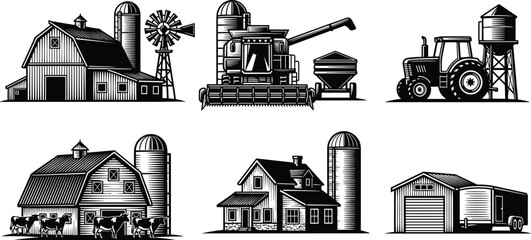 Farm buildings and agricultural machinery set with barn silo windmill tractor and combine harvester, rural countryside elements in vintage engraving style vector illustration collection