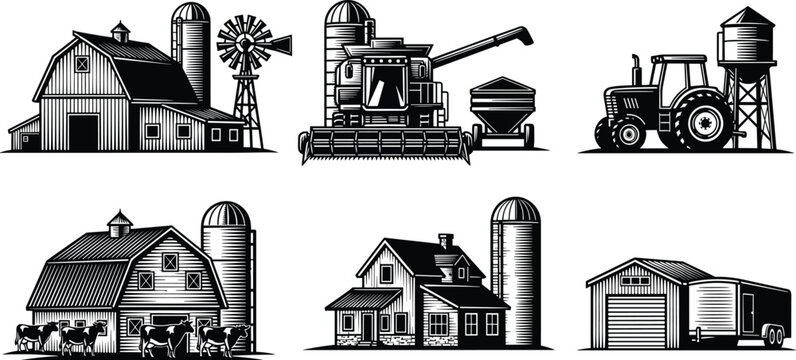 Farm buildings and agricultural machinery set with barn silo windmill tractor and combine harvester, rural countryside elements in vintage engraving style vector illustration collection