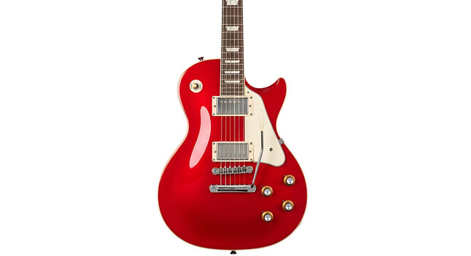 Red electric guitar with white pickguard and chrome hardware with six string