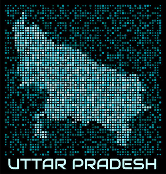 Uttar Pradesh, India digital style dotted map. Shape of the state in cyan color palette on dark background. Futuristic Uttar Pradesh, India map design. Awesome vector illustration.