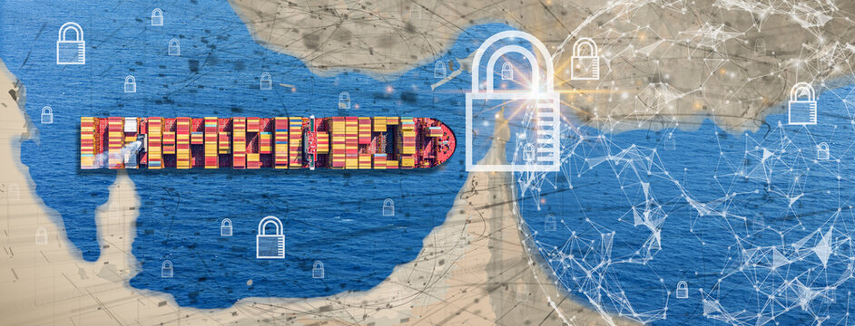 Global trade disruption concept with container ships blocked from entering or exiting the Strait of Hormuz. Maritime blockade and geopolitical tension affecting international supply chain and shipping