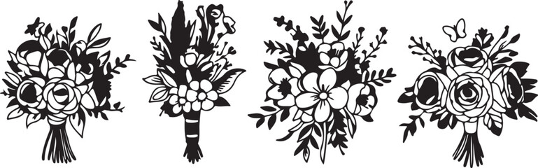 Fototapeta premium Set of four black and white floral bouquets hand drawn style perfect for wedding invitations greeting cards and scrapbooking projects