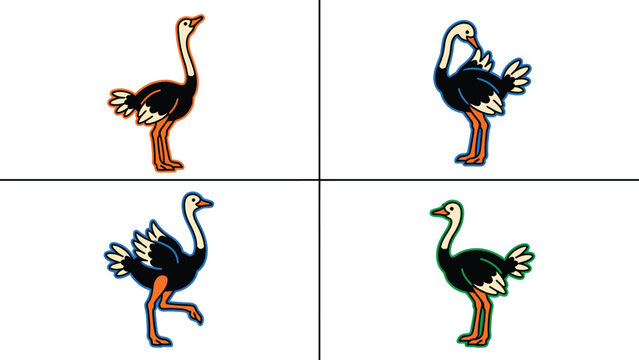 Ostrich Cartoon Vector Set. Cute Wildlife Illustrations of Ostriches in Various Poses for Design. Animal Character Collection.