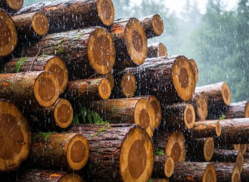 A large stack of freshly cut timber logs is heavily soaked by falling rain in a dense forest setting, with visible tree rings.