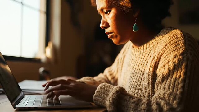 woman with an afro hairstyle diligently types on her laptop, embodying the global connection fitting for International Youth Day and acknowledging diverse heritage on Indigenous Peoples Day.