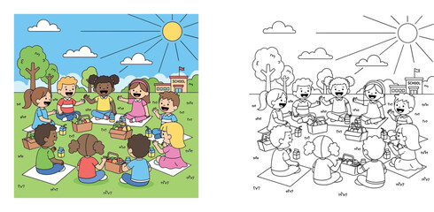 Obraz premium Kids having a school picnic, coloring book page with a colorful example, diverse group of children eating snacks outdoors in a park, vector illustration
