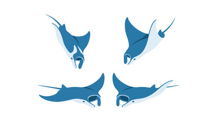 Obraz premium Stylized Manta Ray Set. Blue and white oceanic creatures in various swimming poses. Underwater marine life illustration.