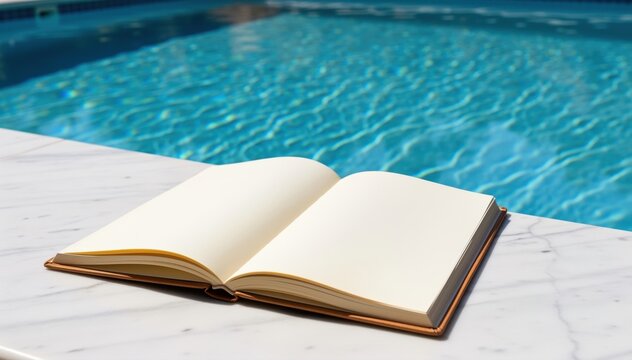 Tranquil Reading by the Poolside: An open book rests serenely poolside, inviting moments of relaxation and contemplation. The serene turquoise water reflecting.