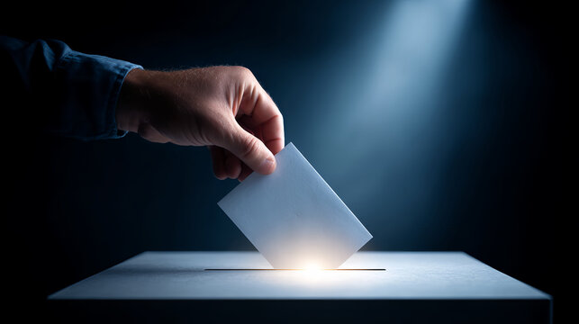Person Casting A Paper Ballot Into A Box Under Dramatic Spot Light
