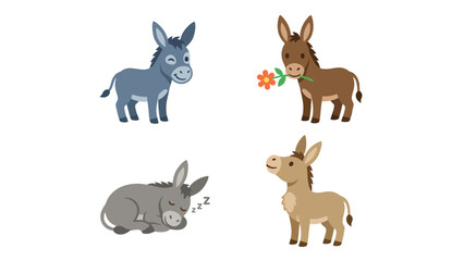 Obraz premium Cute Cartoon Donkeys Set: Adorable Animal Characters in Various Poses, Including Happy, Sleeping, and Holding a Flower. Vector Illustration.