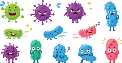 Cute cartoon bacteria and virus characters set with different emotions, colorful germs microorganisms illustration for healthcare and microbiology design © Yevhenii creative