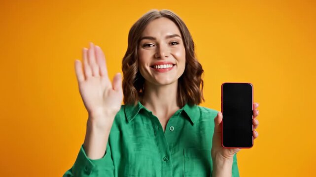 Woman gesturing stop sign with hand holding smartphone on colorful backdrop